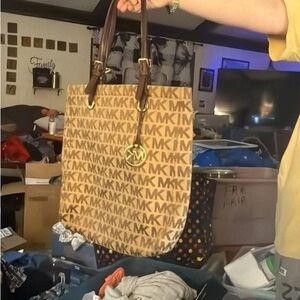 Michael Kors Tan/Brown MK Monogram Tote with Gold Charm